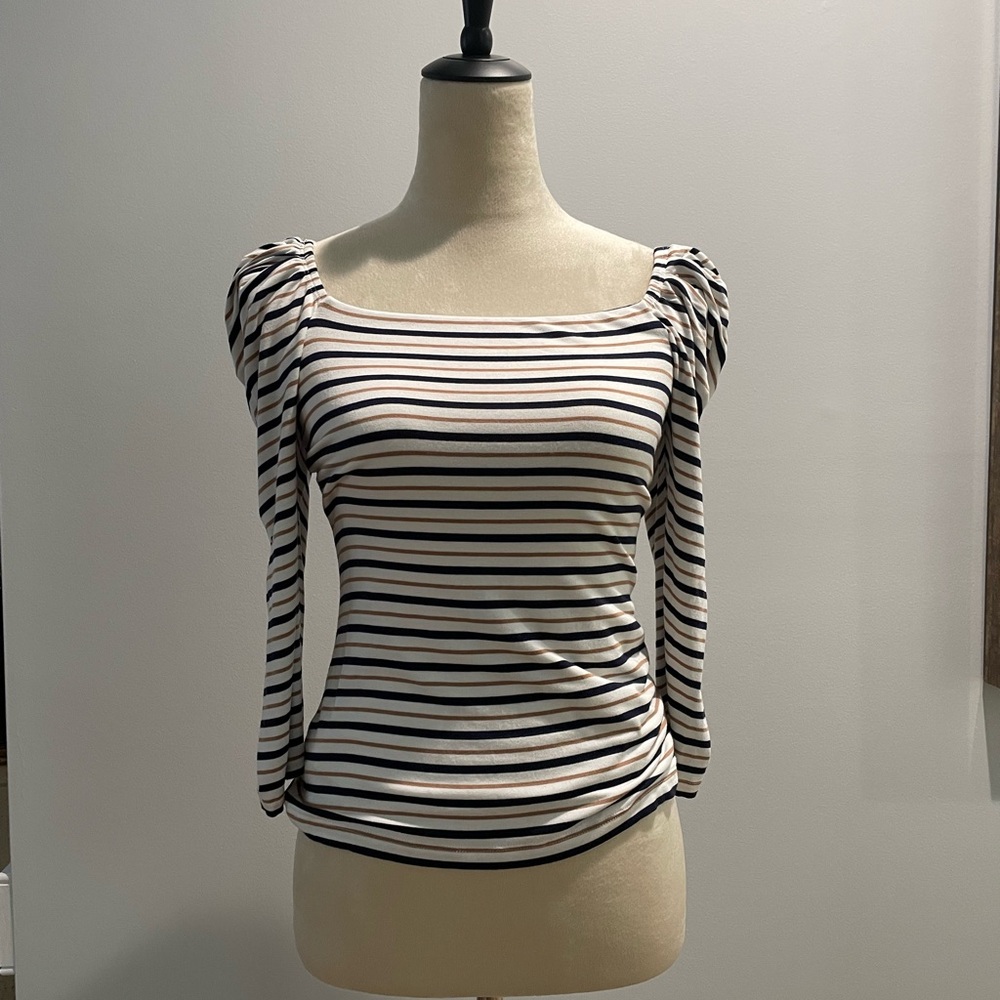 Bailey 44 White, Tan and Navy Puff Sleeve Top